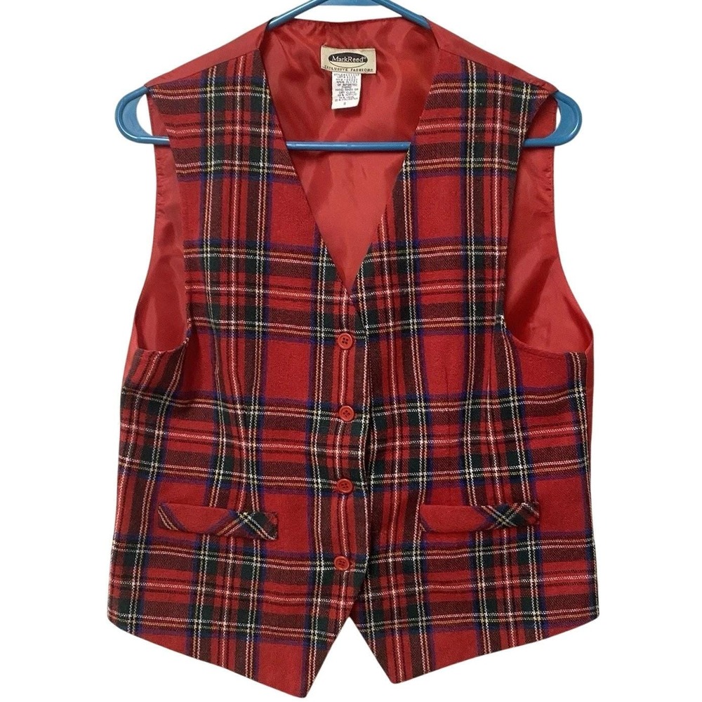 MarkReed Plaid Vest Womens S Red Tartan Wool Blend V-Neck Button Front USA Made